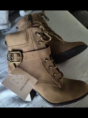 Daisy Fuentes Taupe Lace-Up Ankle Booties with Decorative Buckle